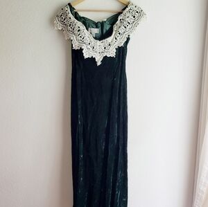 Vintage Velvet Jessica McClintock Gown Green Velvet Crochet Lace 12 Midi
